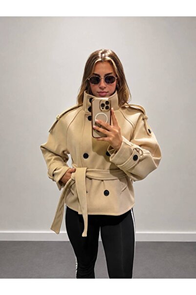 D'RECCY Women's Stand Collar Buttoned Waist-Tied Jacket Cashmere Coat