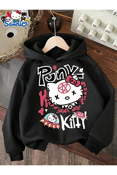 SVART WEAR سويت شيرت بقلنسوة مطبوع عليه تصميم Punk Kitty للأطفال، مصنوع من قم...