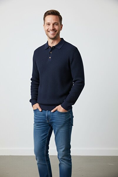 Trendy Design Pulover Bărbați Texturat de tip Polo cu Nasturi, Tricot Premium