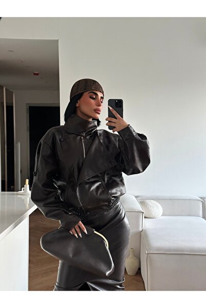 Blanco سترة جلدية نسائية من طراز Viral Model ذات ياقة عالية وسحاب أمامي