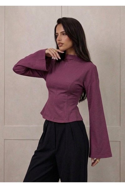 Moda Lounge Women's High Neck Corset Detailed Wide Sleeve Blouse