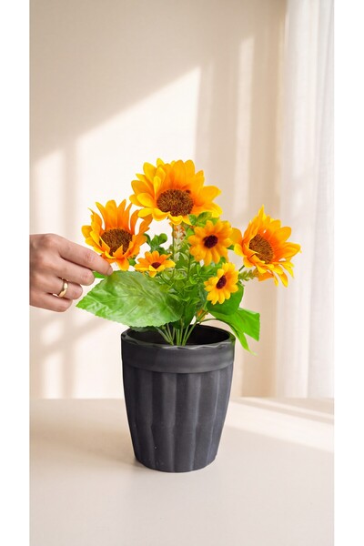 ÇİÇEKFABRİKA Saksılı Yapay Ayçiçeği Dekoratif Çiçek – 35 cm, Siyah Saksılı Ge...