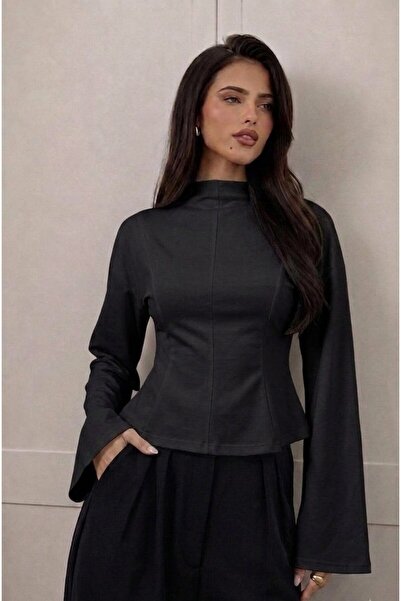 Moda Lounge Women's High Neck Corset Detailed Wide Sleeve Blouse