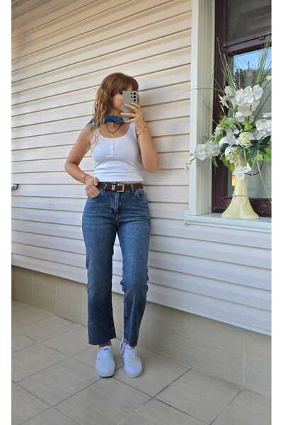 Telablanka Paçası Kesik Kemerli Straight Fit Jean Pantolon