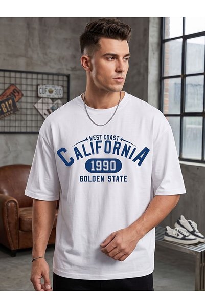 Flubutik Ανδρικό λευκό μπλουζάκι West California 1990 με στάμπα από χτενισμέν...
