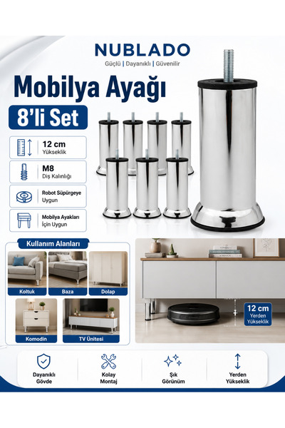 NUBLADO Mobilya Ayağı 8’li Set 12 cm M8 Krom Mobilya Ayağı Robot Süpürge Uyum...