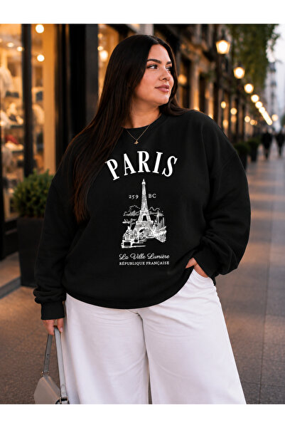 ZAVIXO Büyük Beden 3 İplik Paris Baskılı Oversize Bisiklet Yaka Sweatshirt