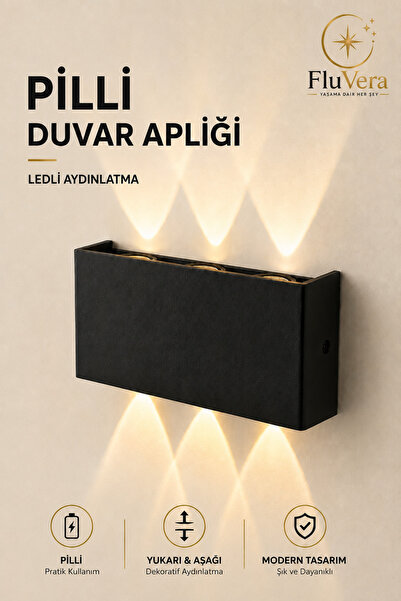 FluVera Gün Işığı PİLLİ 12W LED Duvar Apliği Siyah | Çift Yönlü Işık | | Mode...
