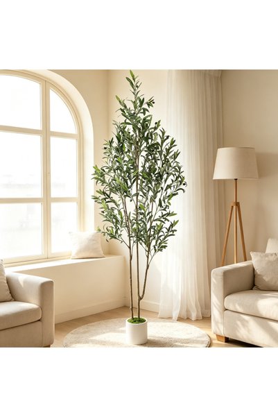 BESTONE Realistic Double‑Trunk Artificial Olive Tree 182cm, Potted Decor Plant with Simulated Olives, White Pot & Artificial Moss, Heavy‑Duty Base for Entryway Accent Decor