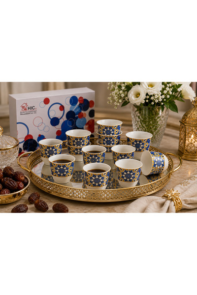 HIC طقم فناجين قهوة عربية بورسلان مزخرف – 12 قطعة – تصميم تراثي أزرق وذهبي – ...