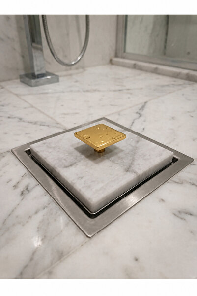 Northern Star Doğal Mermer Beyaz Mermer Banyo Gider Kapağı 10x10 CM Gold Kulp