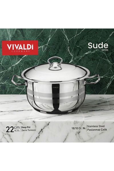 Vivaldi فيفالدي قدر عميق سودي 22 سم 4.3 لتر ستانلس ستيل 18/10 - تركي