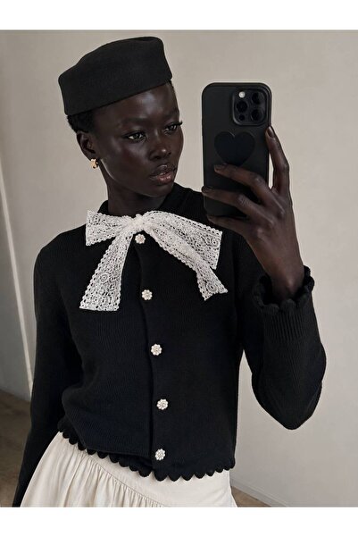 peri tower Women's Lace Bow Detailed Pearl Buttoned Ruffle Trim Knitwear Card...