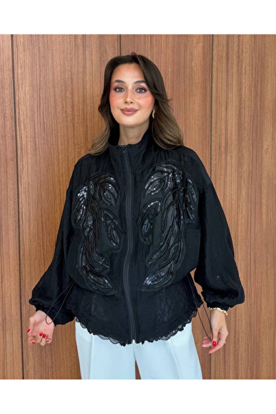 My Blog Black Embroidered Stand Collar Jacket - 9773
