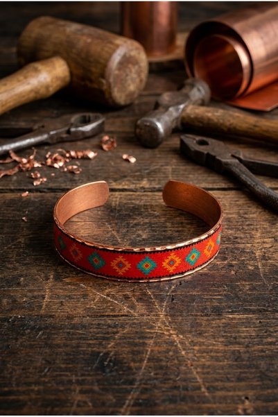 Erol Bakır Copper Vintage Sunflower Patterned Adjustable Clamp Bracelet