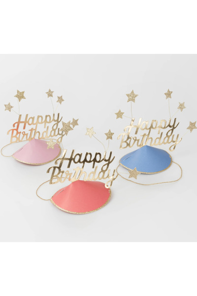 Meri Meri Happy Birthday & Stars Party Hats(Foil) - Happy Birthday & Stars Pa...