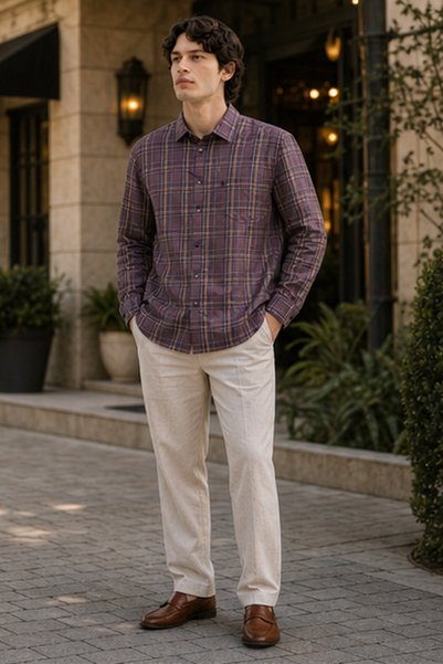 KILLER Men's Slim Fit Checked Cotton Long-Sleeve Shirt - Wine