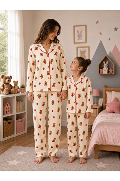 ALİŞ KİDS Suede Fabric Cream Teddy Bear Strawberry Patterned Shirt Collar Win...