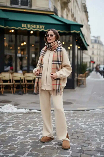 Aselim Hijap Moda 3 İplik Şardonlu Bomber İkili Takım | Pamuklu Rahat Takım Krem