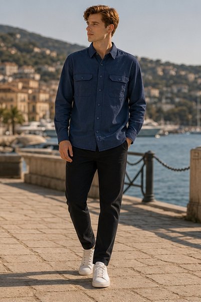 Manche Men's Regular Fit Solid Long-Sleeve Shirt - Navy