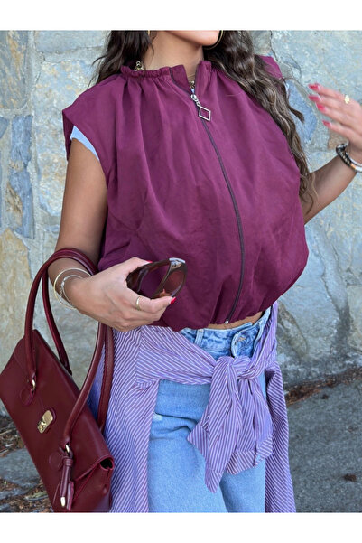 mekabutik Bordo Trenç Crop Yelek