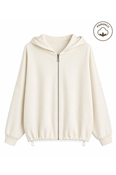 peri tower Women's Hooded Zippered Double Face Interlock Oversize Cardigan 2820