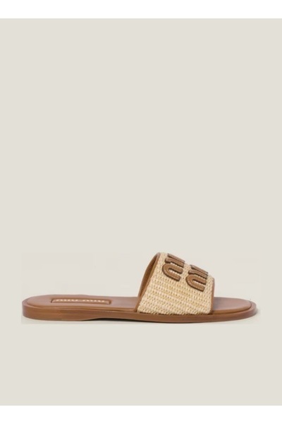 Miu Miu Raffia-effect woven fabric slides