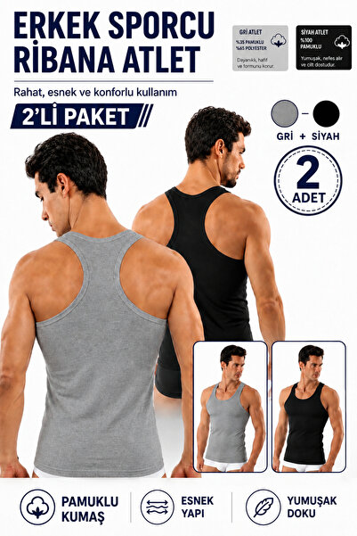Alıç Men's Athlete Ribbed Undershirt 2-Pack Black and Gray Color Cotton Flexi...