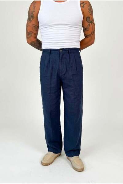 OUTFİT MAN Baggy Raw Linen Trousers Navy Blue