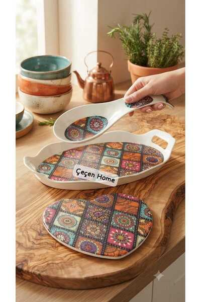 ÇEÇEN HOME Ethnic Patterned Heart-Shaped Trivet, Presentation Tray with Handl...