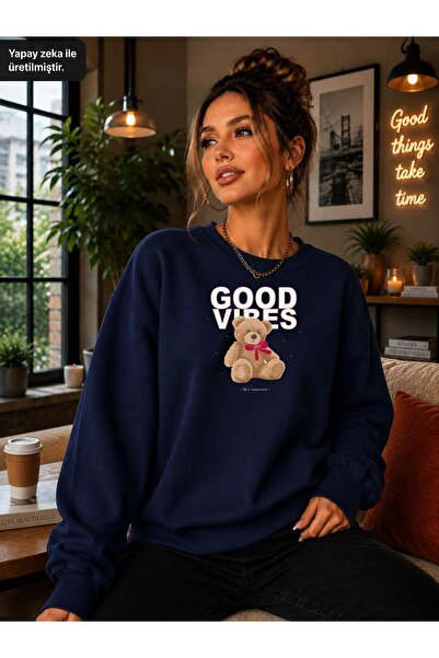 caddekombin Women's Good Vibes Teddy Bear Printed Round Neck Casual Cotton Ba...