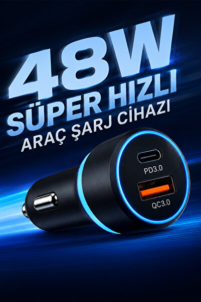 mimtec 48W Hızlı Araç İçi Şarj Cihazı - Çift Portlu Type-C Şarj Kablolu Hızlı Şarj Cihazı