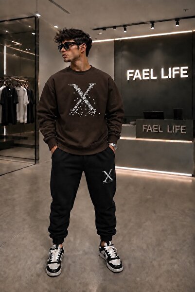 FAEL LİFE Unisex Comfortable Fit Zero Collar and Sweatpants X Printed Set