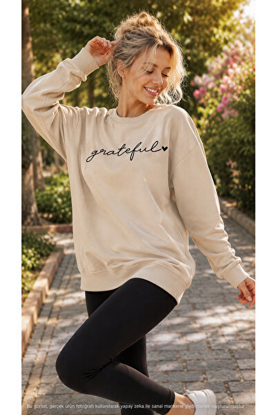 caddekombin Women's Grateful Heart Printed Round Neck Casual Cotton Basic Swe...
