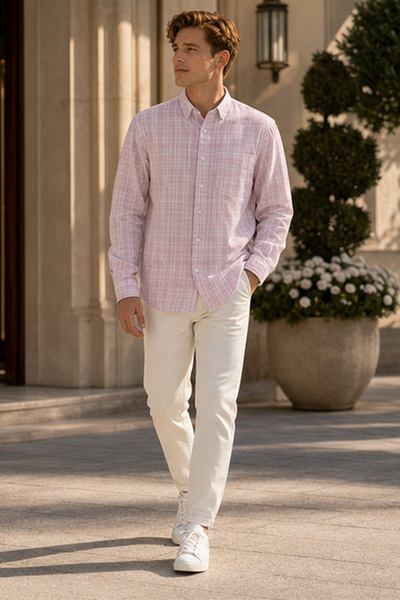 KILLER Men's Slim Fit Checked Cotton Long-Sleeve Shirt - Pink