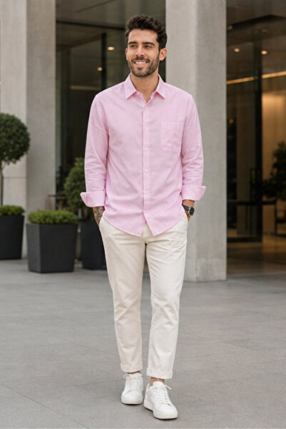 ETEN Men's Slim Fit Checked Long-Sleeve Shirt - Pink