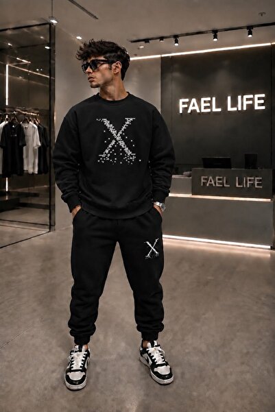 FAEL LİFE Unisex Comfortable Fit Zero Collar and Sweatpants X Printed Set