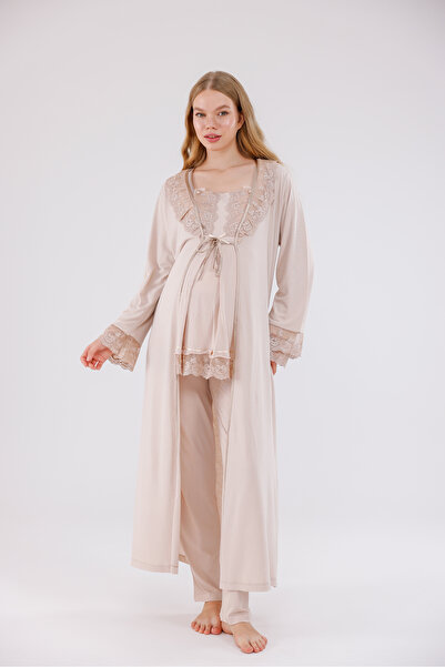 Yulem Homewear Beige Special Lace Design Long Sleeve Maternity Pajama Set wit...