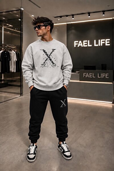 FAEL LİFE Unisex Comfortable Fit Zero Collar and Sweatpants X Printed Set