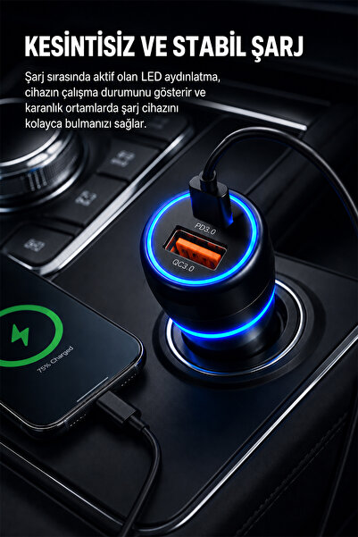mimtec 48W Hızlı Araç İçi Şarj Cihazı - Çift Portlu Type-C Şarj Kablolu Hızlı Şarj Cihazı