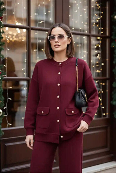 Aselim Hijap Moda Oslo Selanik Kumaş Hırka İkili Takım – Oversize Kalıp – Kışlık Takım Bordo