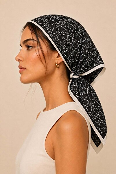 Sehlen Kadın Soyut Kalp Desenli Saten Fular Bandana 55x55 cm - Siyah Beyaz