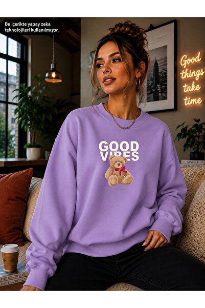 caddekombin Women's Good Vibes Teddy Bear Printed Round Neck Casual Cotton Ba...