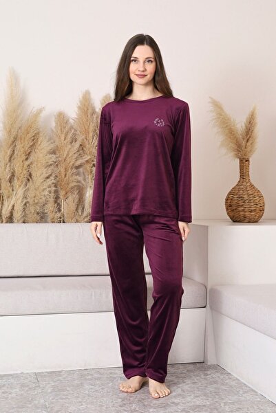 ALİMER Velvet Women's Pajama Set - Purple Embroidery Patterned Super Soft Fab...