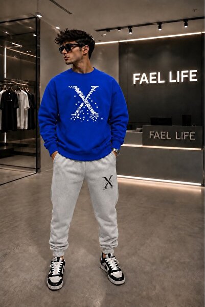 FAEL LİFE Unisex Comfortable Fit Zero Collar and Sweatpants X Printed Set