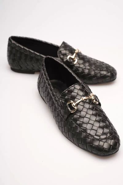 Belinora Women's Black Knitted Patterned Buckle Casual Comfortable Loafer Shoes Tr23Ms09A