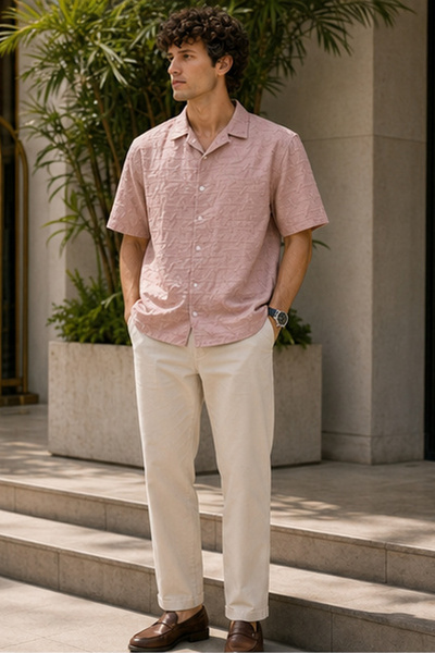 TWILLS Men's Slim Fit Embroidered Short-Sleeve Shirt - Light Pink