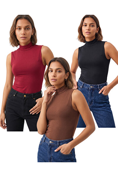 FOORS 3-Pack Advantageous Package Turtleneck Zero Sleeve Viscose Bodysuit