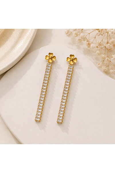 Archhazel Jewelery Gold Clover Detailed Long Steel Earrings