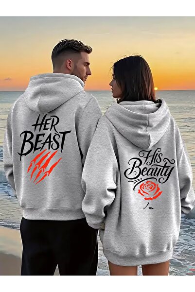darkopia Lover Couple Combination Beauty Beast Back Printed Design Hooded Swe...